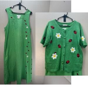 Vintage Jumper Dress & Cardigan Sweater M/L Maxi Ladybug Grandma Cottagecore
